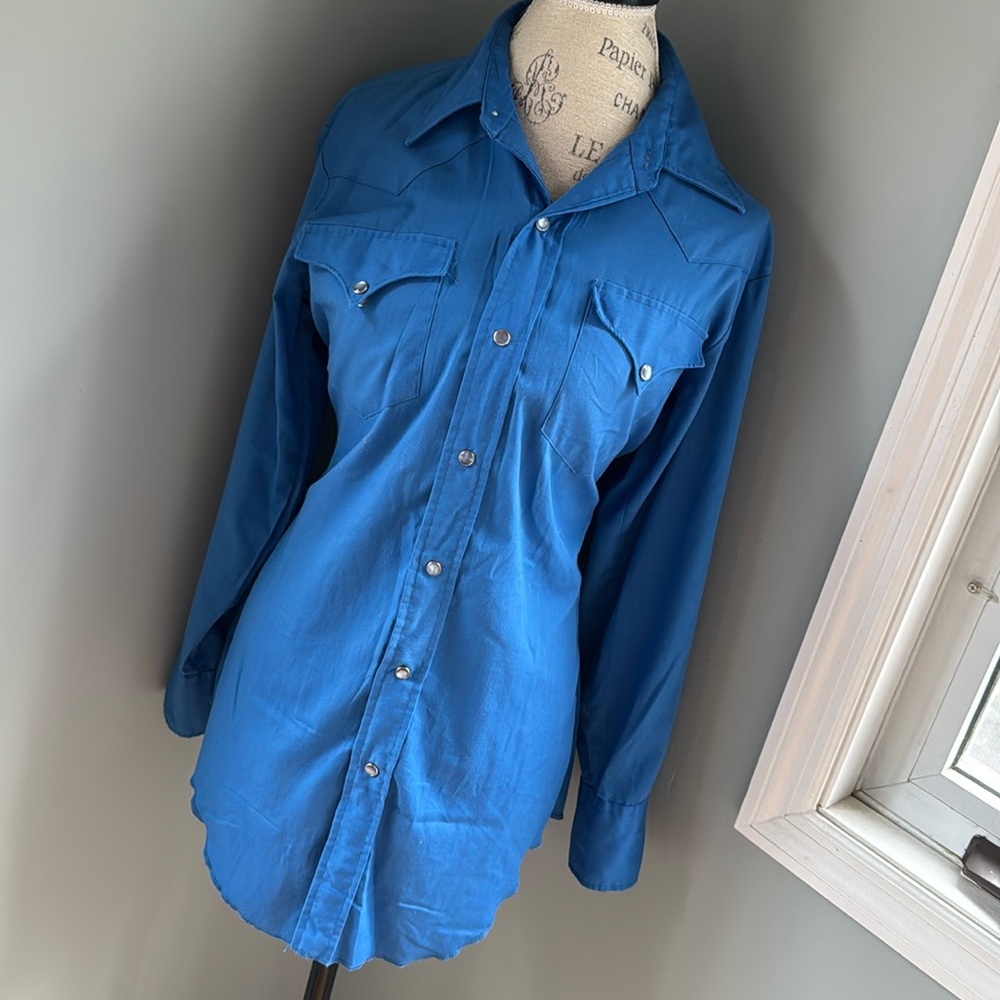 Vintage H Bar C Ranchwear blue cotton snap western shirt GVC